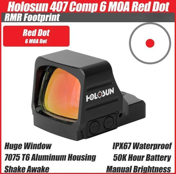 Коліматорний приціл пістолетний RMR Holosun HS407COMP Red Dot точка 6 MOA HS407COMP-RD6 фото